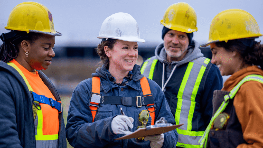 Group of individuals in safety gear talking with a clipboard in hand